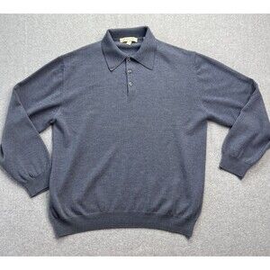 Pronto Uomo Polo Sweater Large 52 Blue Knit Fine Merino Wool Long Sleeve Italy